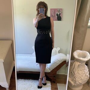 NWT BLACK SLEEVELESS DRESS LACE GOLD GROMMETS ZIPPER SLIT LINED ILLUSION WAIST